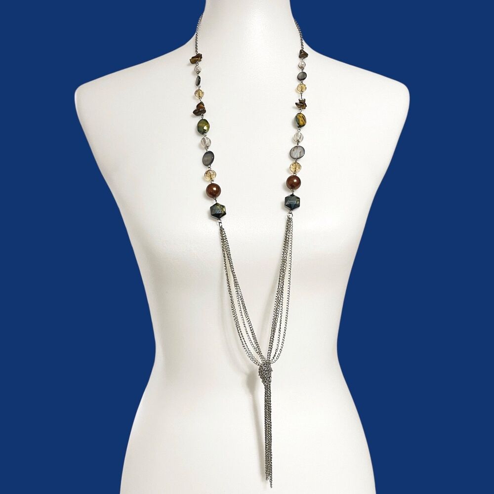 Chunky Stone Crystal Necklace Chain Tassel Silver Tone Long Y Drop Boho Chic